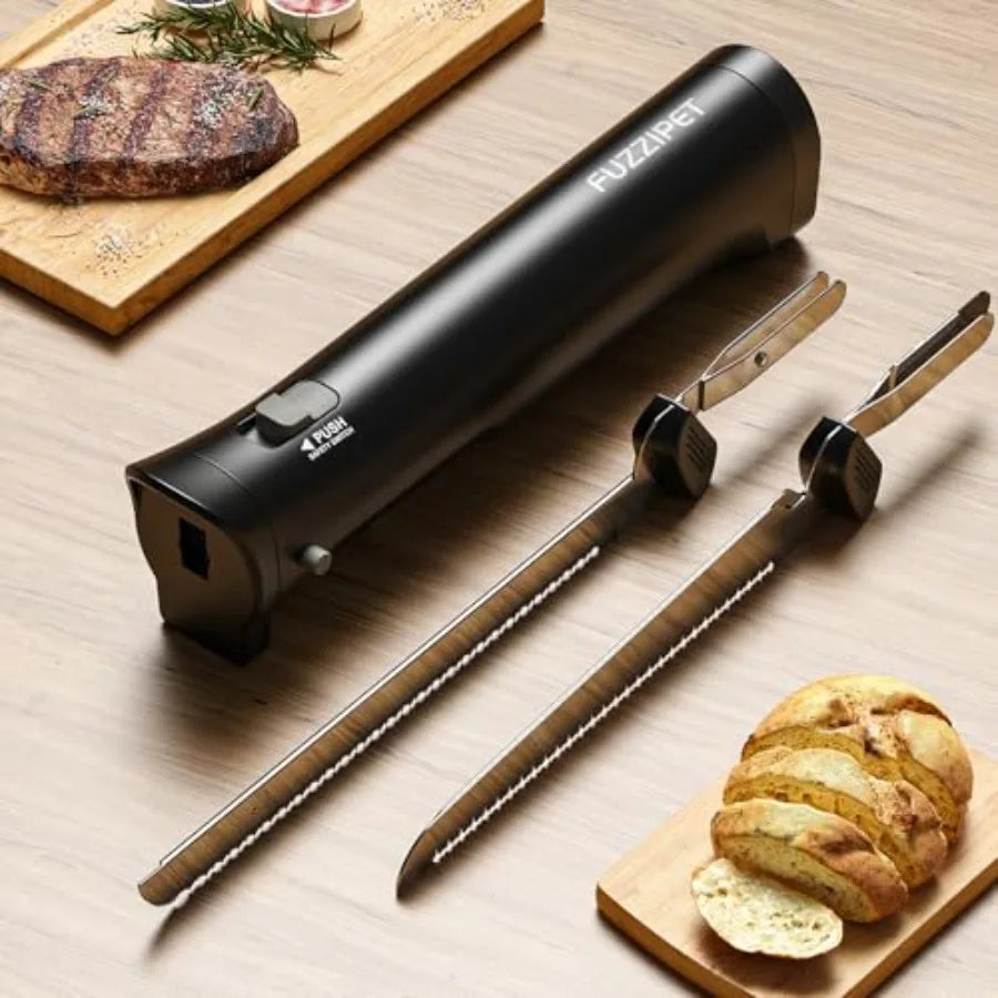 Cordless Electric Knife with 4 Stainless Steel Blades for Cutting Meats Fish Poultry Bread Cheese Black