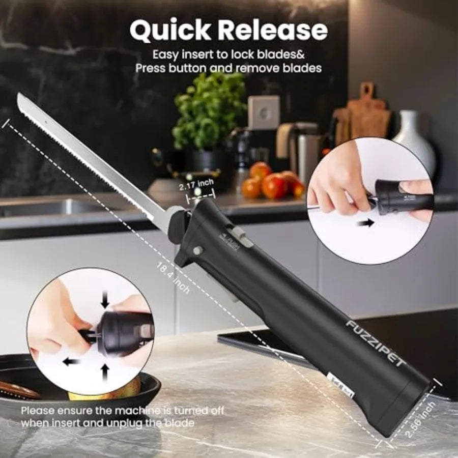 Cordless Electric Knife with 4 Stainless Steel Blades for Cutting Meats Fish Poultry Bread Cheese Black