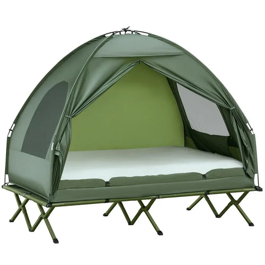 2 Person Cot Tent, 4in1 Elevated Tent Camping Bed Combo with Air Mattress, Bed Cover, Foot Pump, Folding Off Ground Camp Cot fo