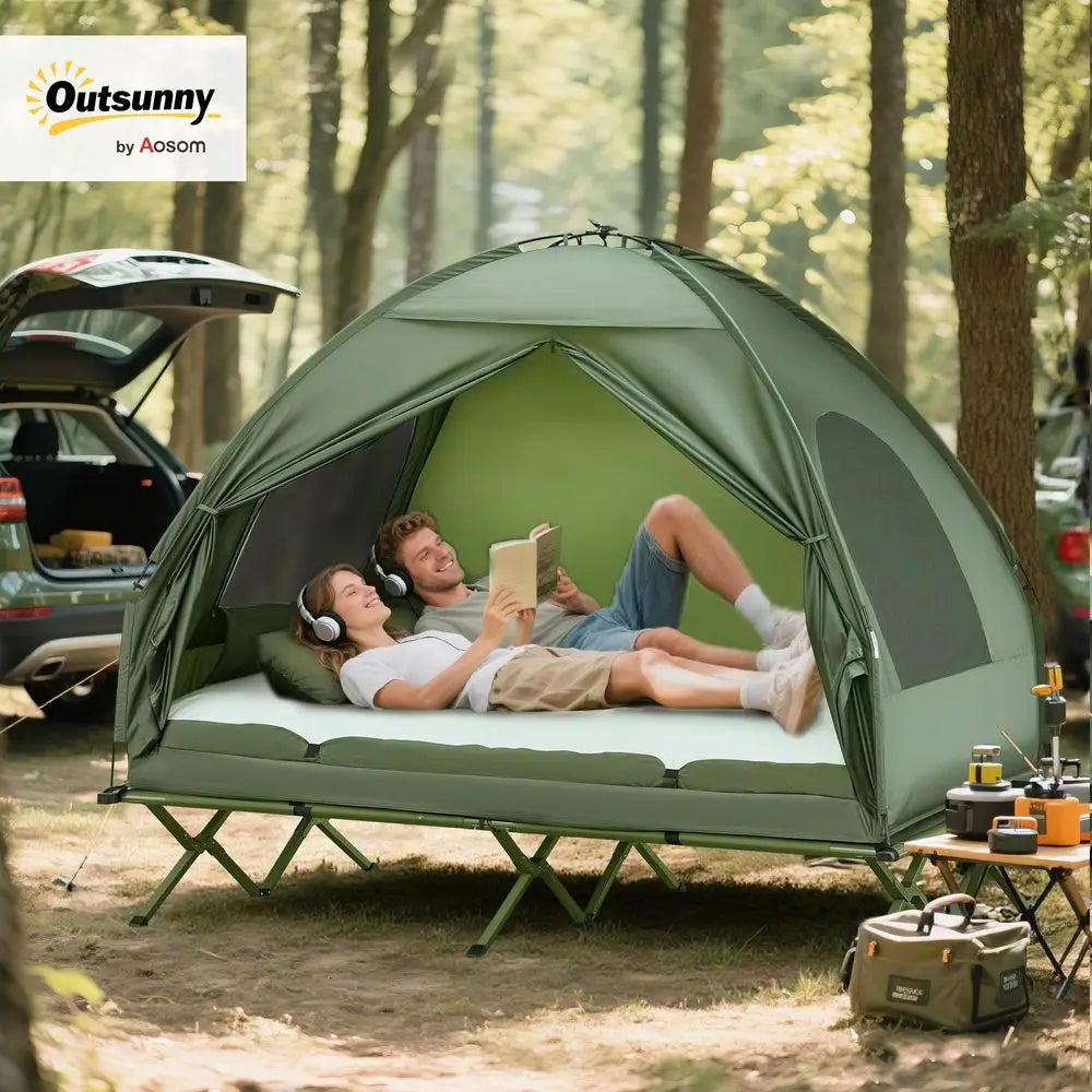 2 Person Cot Tent, 4in1 Elevated Tent Camping Bed Combo with Air Mattress, Bed Cover, Foot Pump, Folding Off Ground Camp Cot fo