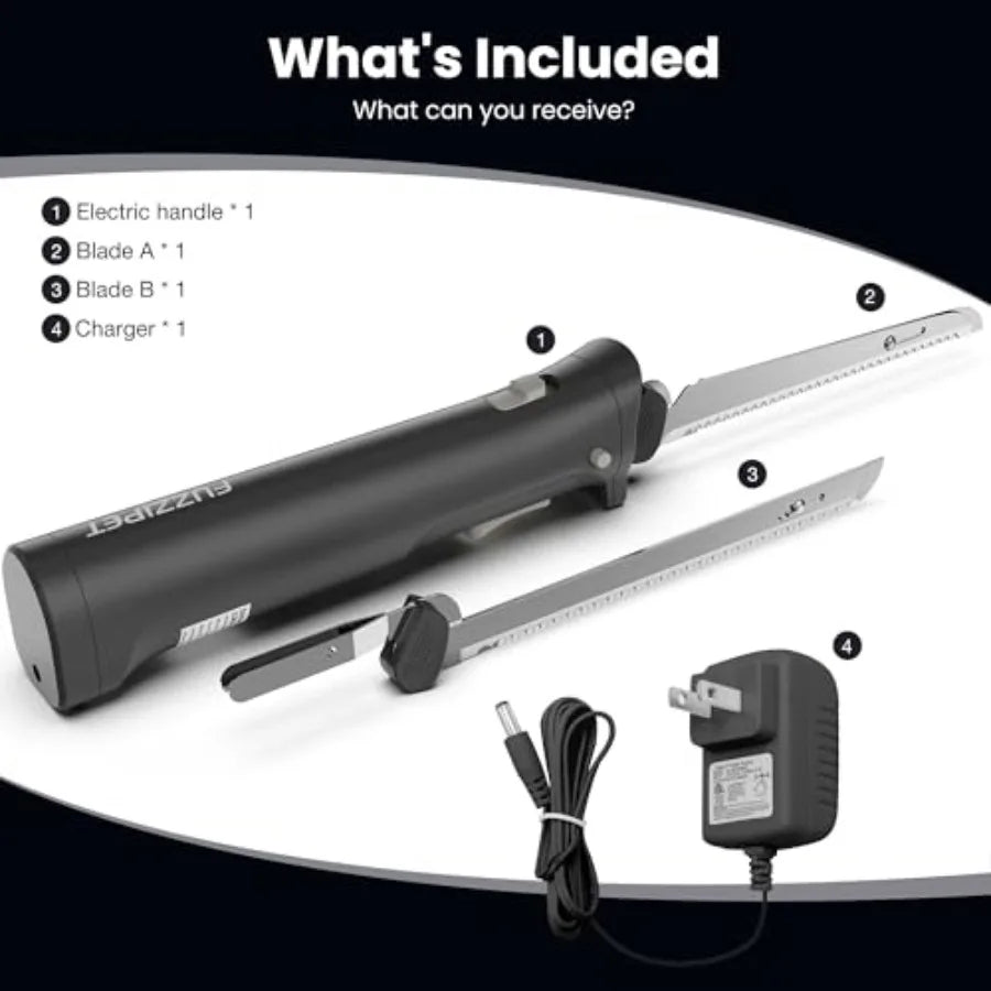 Cordless Electric Knife with 4 Stainless Steel Blades for Cutting Meats Fish Poultry Bread Cheese Black