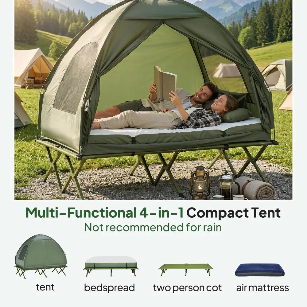 2 Person Cot Tent, 4in1 Elevated Tent Camping Bed Combo with Air Mattress, Bed Cover, Foot Pump, Folding Off Ground Camp Cot fo