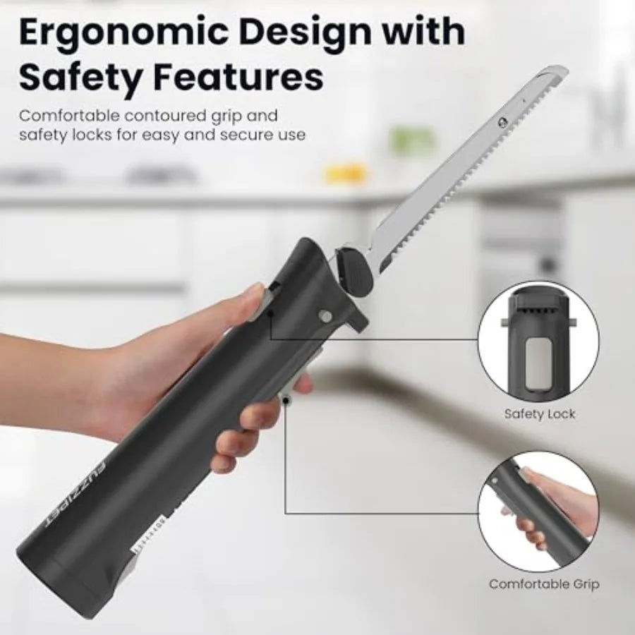 Cordless Electric Knife with 4 Stainless Steel Blades for Cutting Meats Fish Poultry Bread Cheese Black