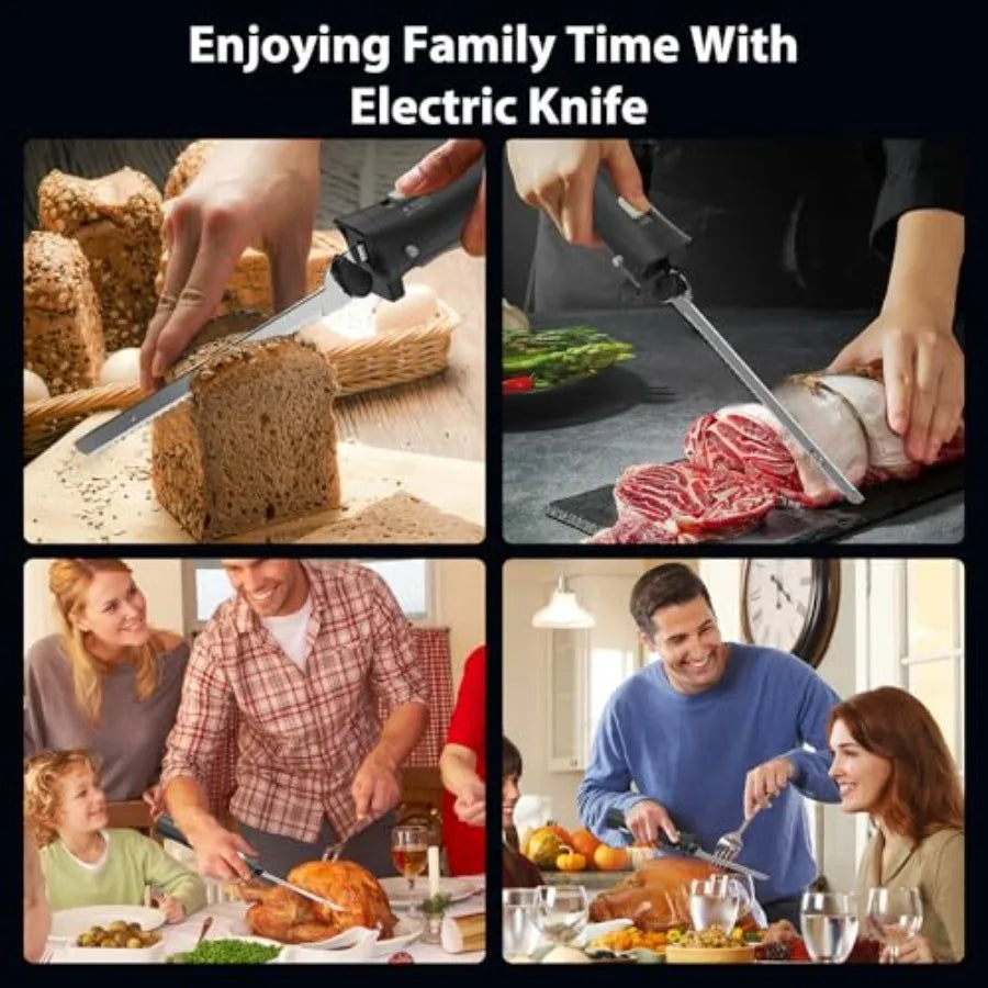 Cordless Electric Knife with 4 Stainless Steel Blades for Cutting Meats Fish Poultry Bread Cheese Black