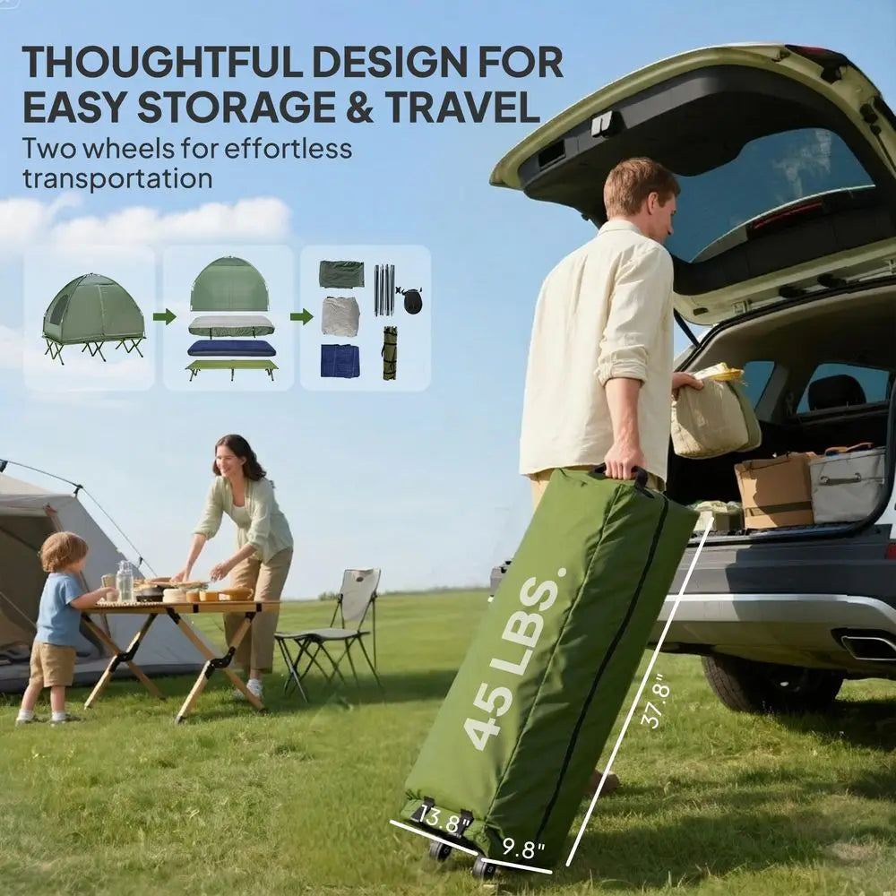 2 Person Cot Tent, 4in1 Elevated Tent Camping Bed Combo with Air Mattress, Bed Cover, Foot Pump, Folding Off Ground Camp Cot fo